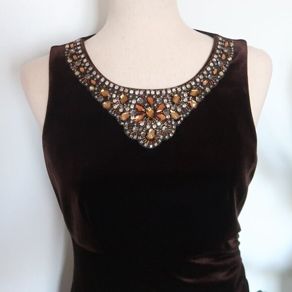 Eliza J. Brown Velvet Rhinestone / Gem Embellished Ruched Sheath Dress Size 8 - Picture 7 of 13